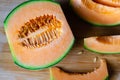 Freshly cut Cantaloupe Melon. Close up photo Royalty Free Stock Photo