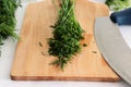 Freshly cut dill on wooden cutting board
