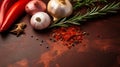 Freshly Cut Food With Rosemary And Spices On A Red Stone Background
