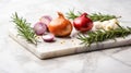 Freshly Cut Food With Rosemary And Spices On White Stone Background