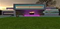 Freshly cut lawn in front of the stylish porch with concrete steps illuminated in purple at night. 3d rendering. Turquoise glowing