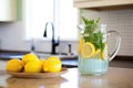 freshly cut lemons and mint in a pitcher of water for clients Royalty Free Stock Photo