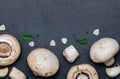 Freshly cut mushrooms mushrooms, sliced feet, Bisporus agaricus raw uncooked.