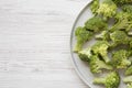 Freshly cut raw broccoli on gray plate over white wooden background, top view. Flat lay, from above, overhead.