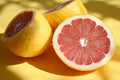 Freshly cut ruby red grapefruit slices arranged on a bright sunny yellow background Royalty Free Stock Photo