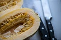 Spaghetti squash sliced in half with seeds Royalty Free Stock Photo