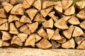 Freshly cut wood logs stacked in the forest