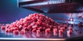 Freshly diced meat on a food preparation machine. Royalty Free Stock Photo