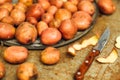 Freshly dug potatoes from a garden. metal table with potatoes. Close up shot of a basket with harvested potatos Royalty Free Stock Photo