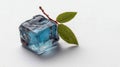 Freshly Frozen Ice Cube with Green Leaf and Branch on Minimalist Surface Royalty Free Stock Photo