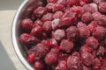 Freshly frozen red cherry berries in a metal bowl