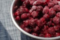 Freshly frozen red cherry berries in a metal bowl