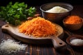 freshly grated carrots on wooden board