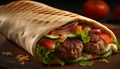 Freshly grilled beef shawarma wrap stuffed with minced meat and vegetables generated by AI