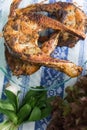 Freshly grilled fish on kitchen table. closeup, top view Royalty Free Stock Photo