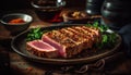 Freshly grilled steak on a rustic wooden table, ready to eat and delicious generated by AI Royalty Free Stock Photo