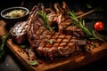 Freshly grilled Tomahawk steaks on wooden cutting board