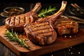 Freshly grilled Tomahawk steaks on wooden cutting board