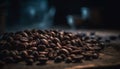 Freshly ground coffee bean heap on rustic wooden coffee table generated by AI Royalty Free Stock Photo