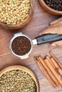 Freshly ground coffee beans in a metal filter and coffee beans with cinnamon Royalty Free Stock Photo