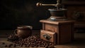 Freshly ground coffee beans, old fashioned handle, rustic charm generated by AI