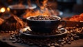 Freshly ground coffee beans on a rustic wooden table generated by AI