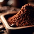 Freshly ground coffee on a wooden tray