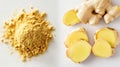 Freshly ground ginger with sliced ginger root on white background, high angle view and natural lighting Royalty Free Stock Photo