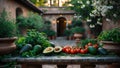 Fresh Avocados, Tomatoes, and Herbs on Rustic Table in a Garden Setting Royalty Free Stock Photo