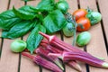 Freshly harvested basil, okra and tomatoes on a wood table outdoors, healthy living with organic vegetables and herbs