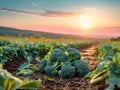 Freshly harvested broccoli in a vegetable field at sunset Royalty Free Stock Photo