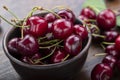 Freshly harvested cherries in a clay bowl from your home garden Royalty Free Stock Photo