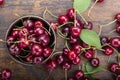 Freshly harvested cherries in a clay bowl from your home garden Royalty Free Stock Photo