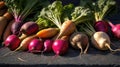Variety of Fresh and Colorful Root Vegetables on Dark Textured Background Royalty Free Stock Photo
