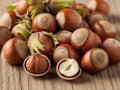 Freshly harvested hazelnuts on rustic wooden surface Royalty Free Stock Photo