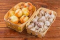 Freshly harvested onion and garlic in the two wooden baskets Royalty Free Stock Photo