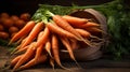 Freshly harvested organic carrots in rustic basket on earthy soil, canon 5d mark iv, f5.6