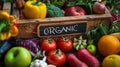 Freshly harvested organic produce arranged in a rustic wooden crate