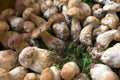 Porcini mushrooms on a table in front of the store. Royalty Free Stock Photo