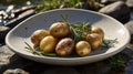 Golden Baby Potatoes with Fresh Rosemary Sprigs on Rustic Plate Near River Bank Royalty Free Stock Photo