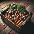 Freshly Harvested Root Vegetables in a Rustic Wooden Crate on Brick Floor AI-GENERATED Royalty Free Stock Photo