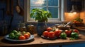 Farmhouse Kitchen Still Life with Fresh Tomatoes and Basil Plant Decoration with Rustic Charm Royalty Free Stock Photo
