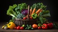 Freshly harvested vegetables in a colorful basket, displaying texture and variety in warm light