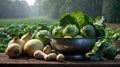 Fresh Harvest of Brussels Sprouts and Turnips Displayed on a Rustic Wooden Table Royalty Free Stock Photo