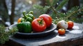 Fresh Vegetables Arrangement on Dark Plate with Snow Flakes and Winter Green Royalty Free Stock Photo