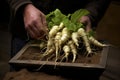 freshly harvested wasabi roots with soil still attached to them