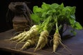 freshly harvested wasabi roots with soil still attached to them