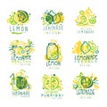 Freshly lemonade, 100 percent pure lemon set for label design, hand drawn colorful vector Illustrations Royalty Free Stock Photo