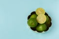 Freshly lime fruits on trendy light blue background Royalty Free Stock Photo