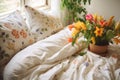 freshly made bed with floral pattern linens